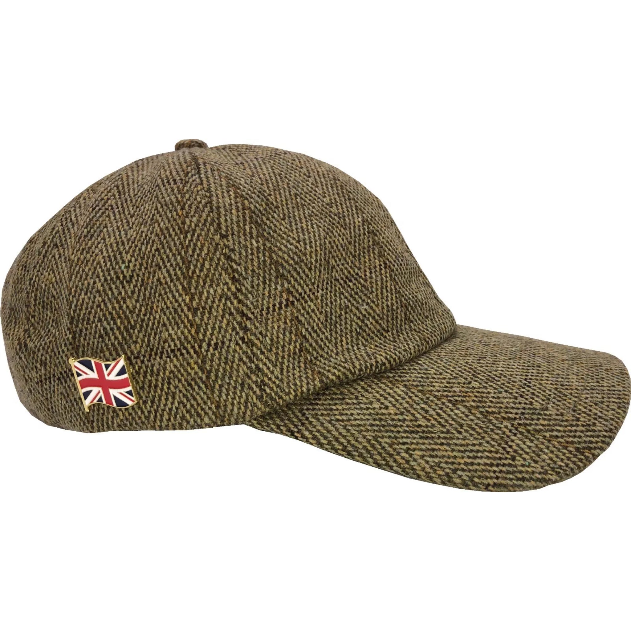 Nicky Adams Countrywear waterproof tweed baseball cap in light sage green with check pattern and Union Jack badge – classic British country style hat